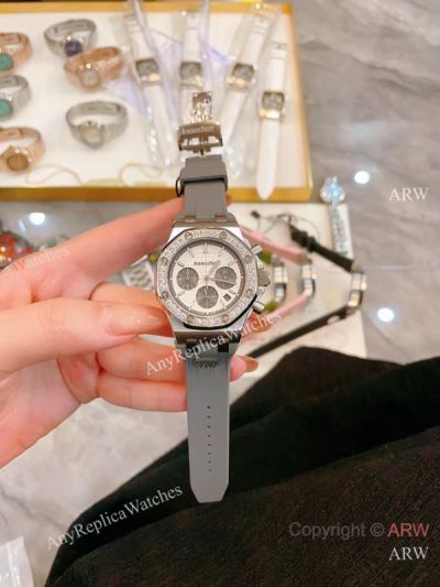 High Quality Replica AUDEMARS PIGUET Royal Oak Light Grey rubber Strap White Face Dial Diamond-Set Octagonal Stainless Steel Bezel Lady Watch 37mm